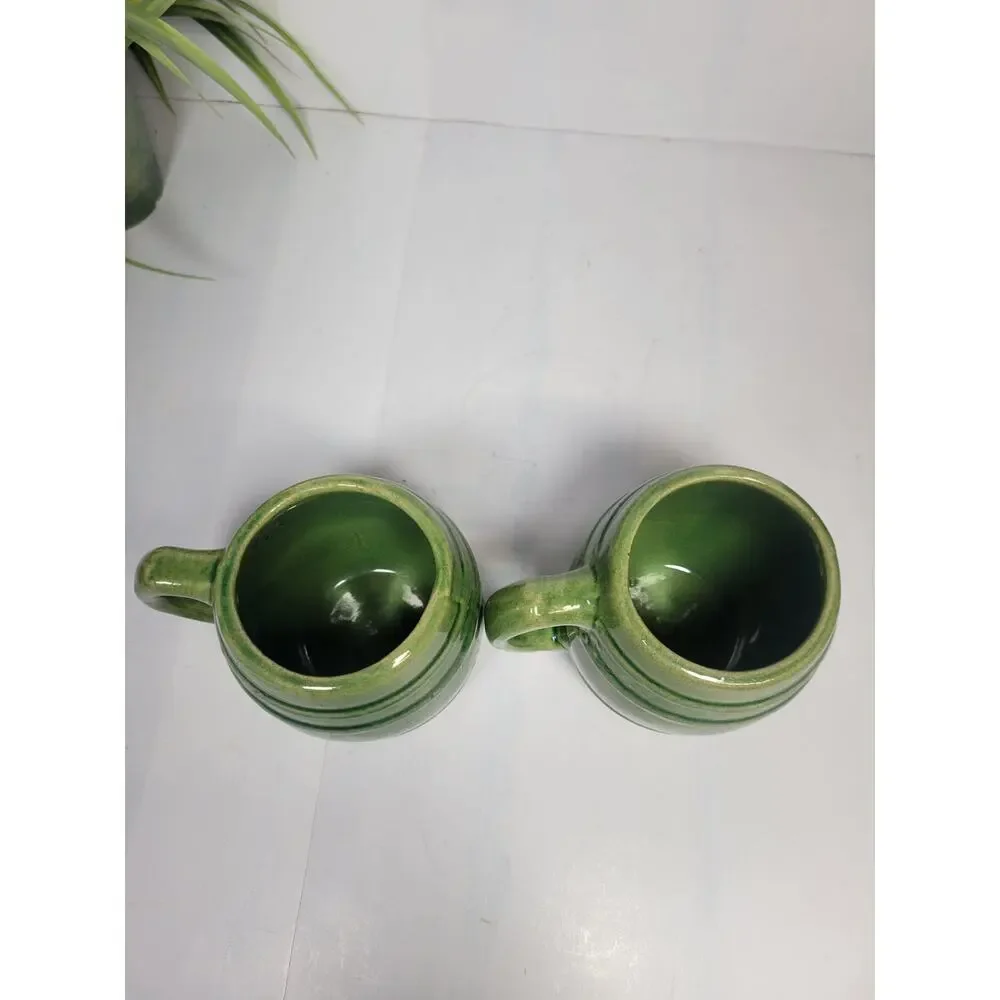 2 Vintage McCoy Pottery Green Barrel Mugs Beer Tankard No 16 Stoneware Set 1920s
